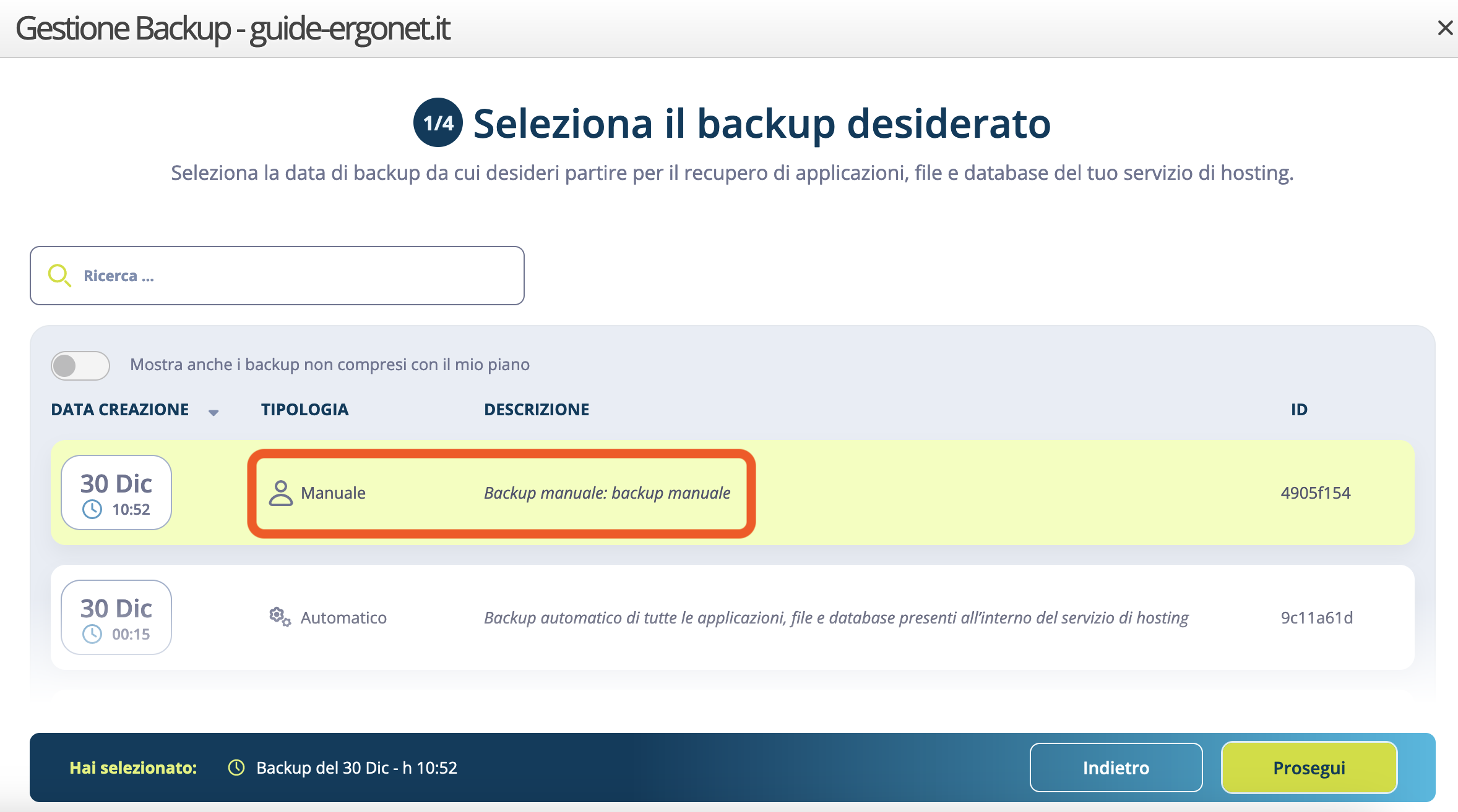 WebPanel Ergonet - Identificazione backup on demand nella lista